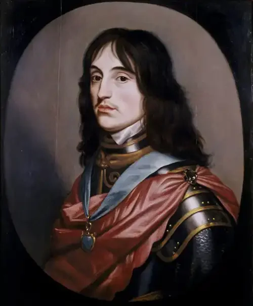 Oval oil portrait: a young man with long dark hair and a faint mustache wears black armor, a red sash, and a medallion on a blue ribbon, gazing slightly to one side.