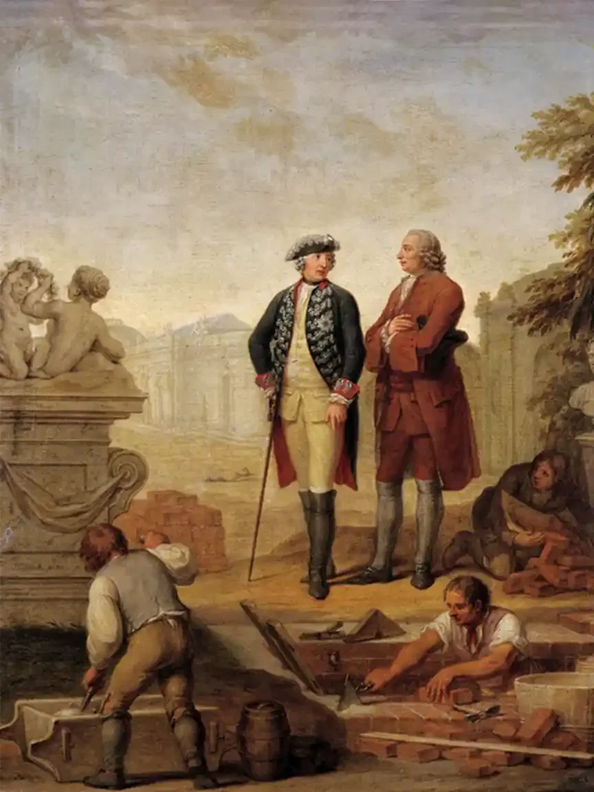 Two men in eighteenth-century coats stand talking on open ground while laborers below them lay bricks into a low vault, cutting stone and mixing mortar. A palace stands in the distance.