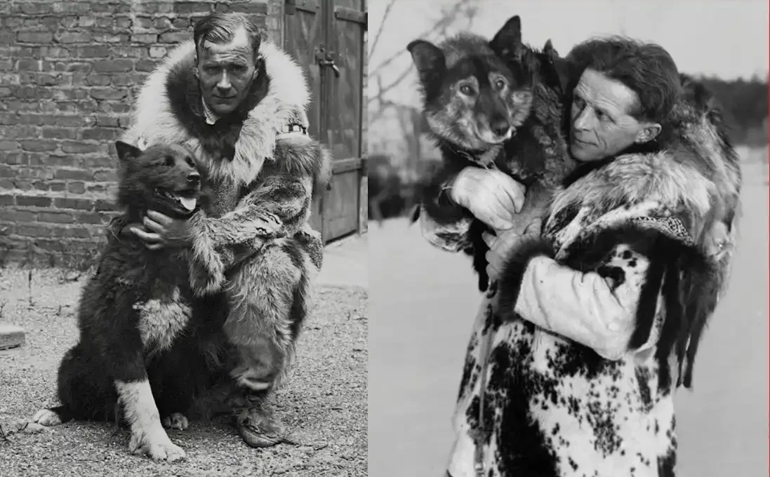 Two black-and-white photos side by side, each showing a man in a fur-trimmed coat holding a husky-type dog close against his chest outdoors