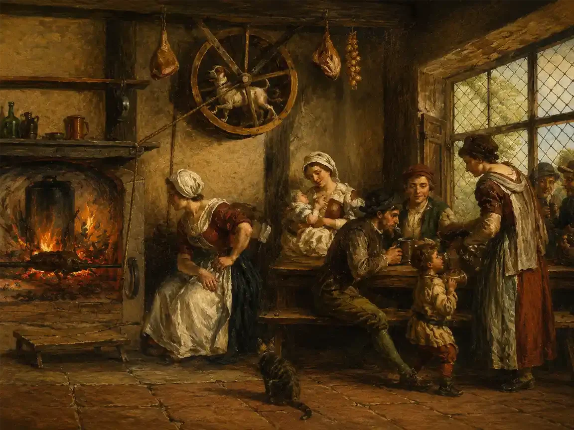 A crowded flagstone tavern kitchen. A dog walks inside a wooden wheel mounted high on the wall, geared down to the hearth, while women work at the fire and men drink at a bench by the window.