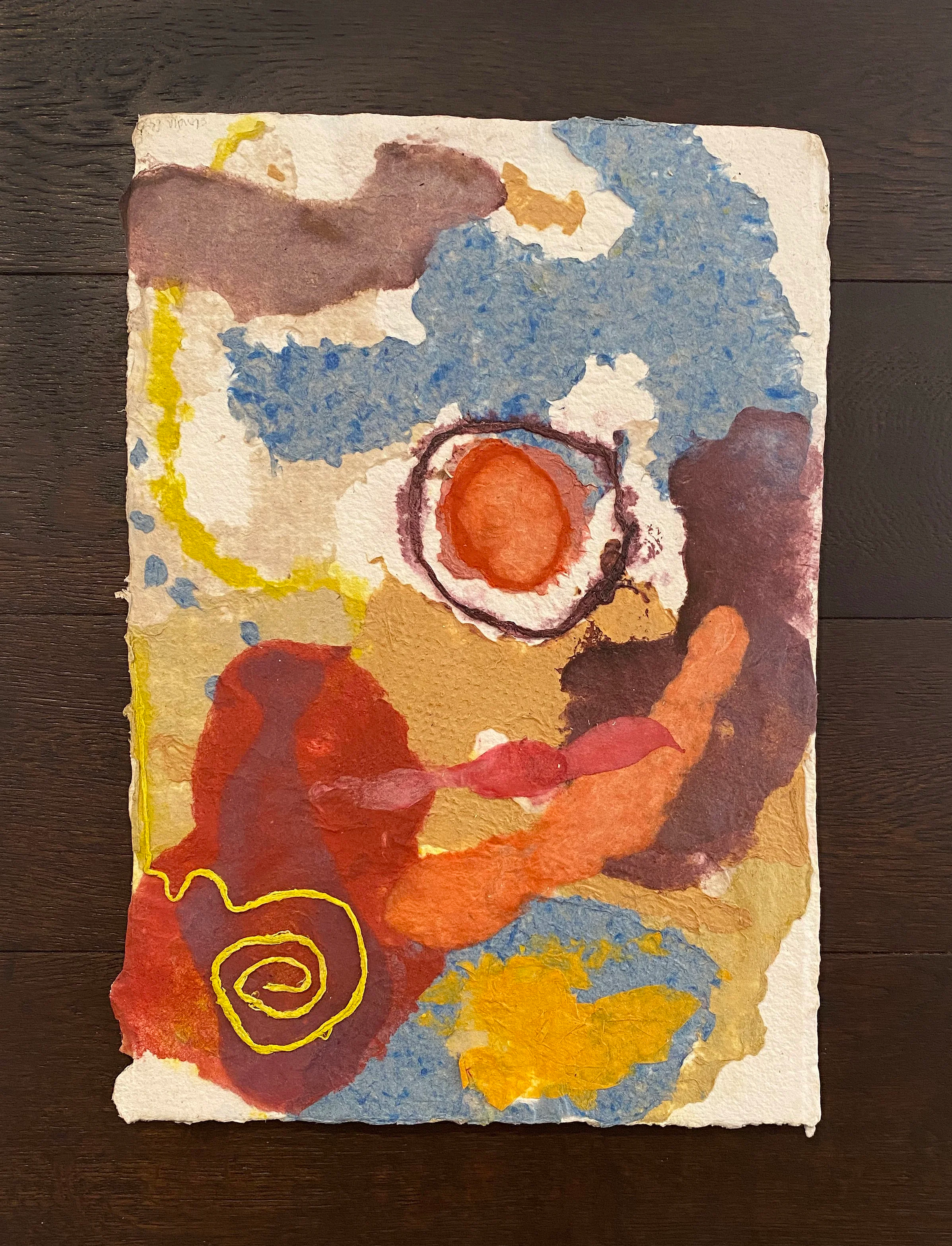 Spiral to the Sun
14 ¾” x 19 ¼”
pigmented paper pulp on paper, wax, mounted on wood  
