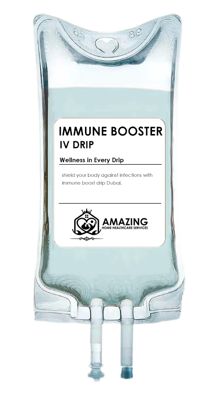 A medical IV drip bag labeled 'Immune Booster IV Drip' with the tagline 'Wellness in Every Drip' and the logo 'Amazing Home Healthcare Services'.
