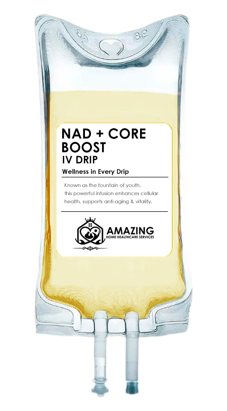 Medical IV drip bag labeled 'NAD + CORE BOOST IV DRIP' containing a yellowish liquid, hanging with two attached tubes, branded by Amazing Home Healthcare Services.