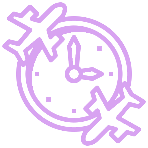 A purple line drawing of a clock with two alarm bells on top, surrounded by two crossed wrenches.