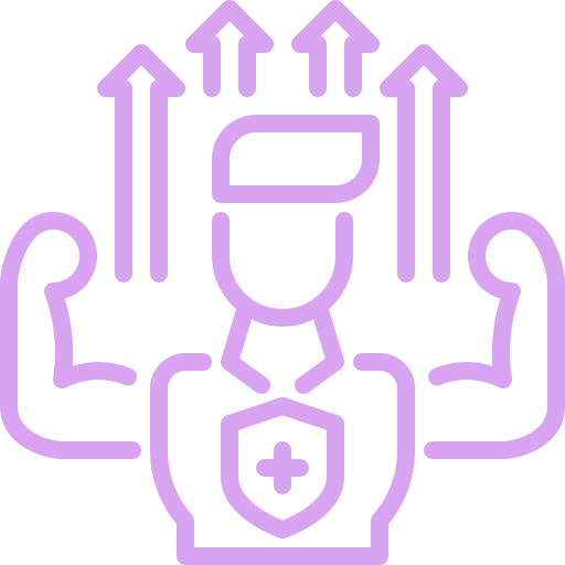 Line art illustration of a person wearing VR goggles, flexing both arms, with a shield featuring a medical cross in front of the chest, and arrows pointing upward around the head.