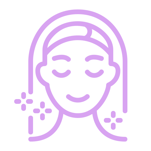 Line drawing of a woman with closed eyes and a slight smile, surrounded by sparkles, indicating relaxation or skincare.