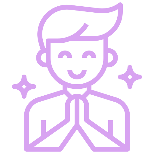 Line drawing of a person with a happy facial expression, hands pressed together in a prayer or gratitude gesture, surrounded by two sparkle icons.