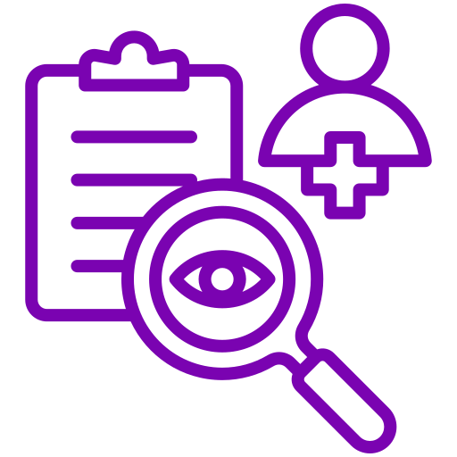 Outline of a clipboard, a person icon, a magnifying glass with an eye, and a plus sign, all in purple.