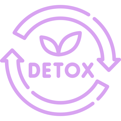 Purple detox symbol with a leaf in the center and recycling arrows around the word 'DETOX'