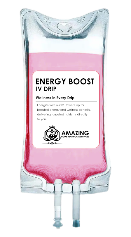 A medical IV drip bag labeled 'Energy Boost IV Drip' with pink liquid inside, hanging with tubing at the bottom, branded 'Amazing Home Healthcare Services'.