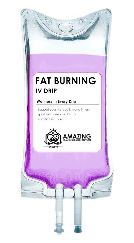 A medical IV drip bag labeled "Fat Burning IV Drip" filled with a purple liquid, with details about wellness and support for metabolism, featuring a logo of Amazing Home Healthcare Services.