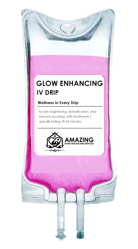 A medical IV drip bag labeled "Glow Enhancing IV Drip" filled with pink liquid, promoting skin brightening and detoxification, with the logo of Amazing Home Healthcare Services.