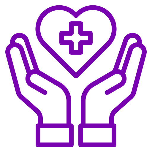Outline of two purple hands holding a heart with a medical cross inside it.