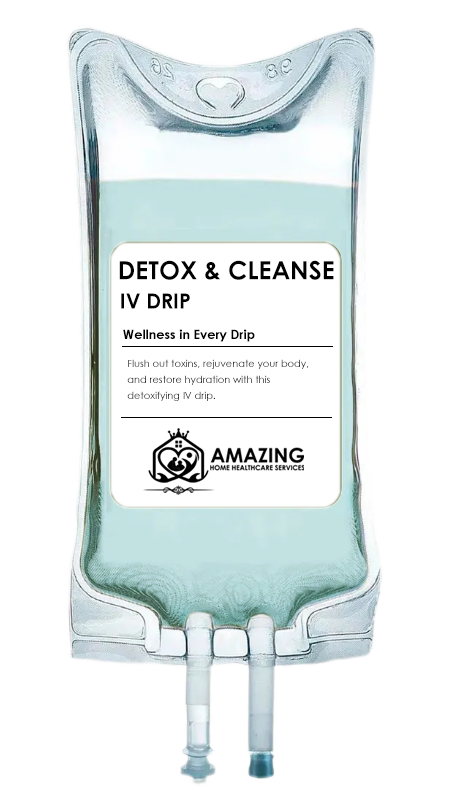 A portable IV drip bag labeled 'Detox & Cleanse' for wellness, featuring a transparent bag with a green line at the top, connected to tubes at the bottom, with branding from Amazing Home Healthcare Services.