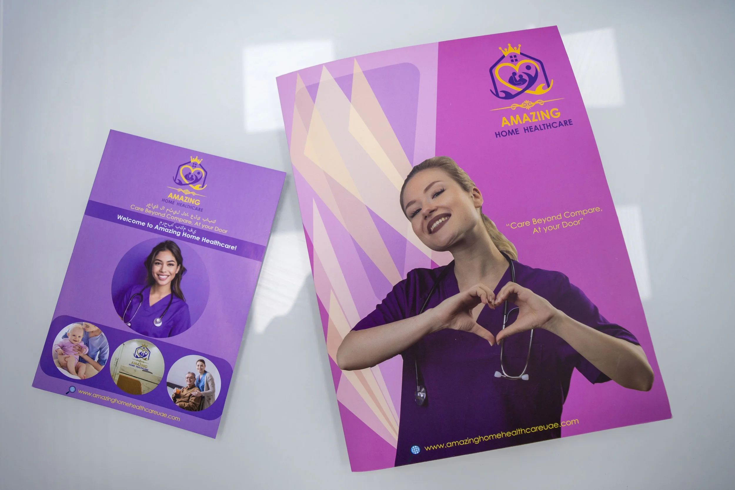 Purple flyers for Amazing Home Healthcare featuring a smiling female healthcare worker in medical scrubs making a heart with her hands, with text taglines and images of healthcare services.
