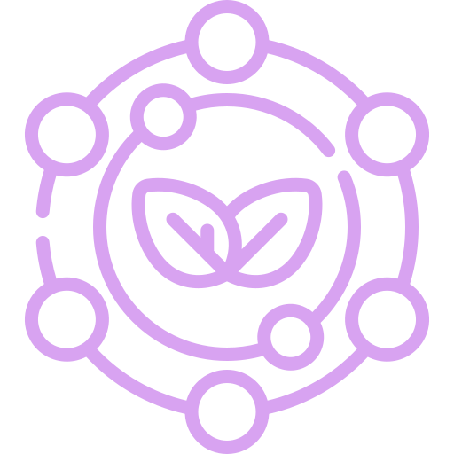 Icon of a leaf inside a circle, surrounded by interconnected circles in purple.
