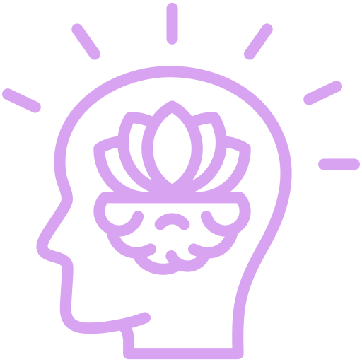 Outline of a human head with a lotus flower and a brain inside, surrounded by rays of light.