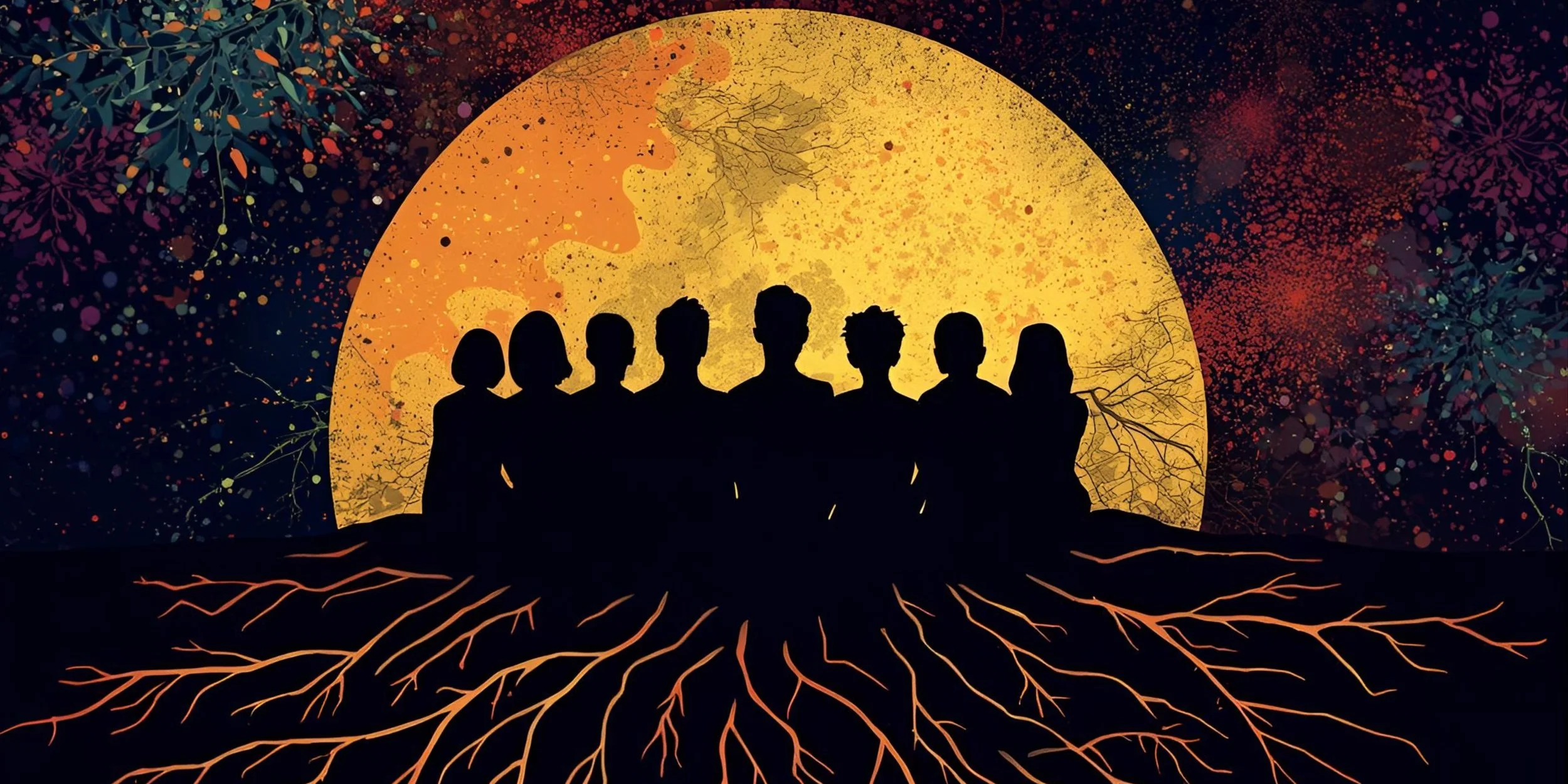 A collective of humans rooted in the Earth. They sit before a full moon, one with the Spirit of all.