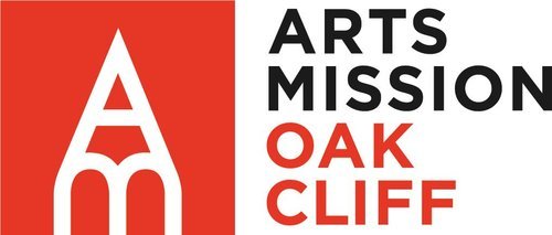 Arts Mission Oak Cliff logo featuring a stylized white chapel on a red background with the text 'Arts Mission Oak Cliff' to the right.