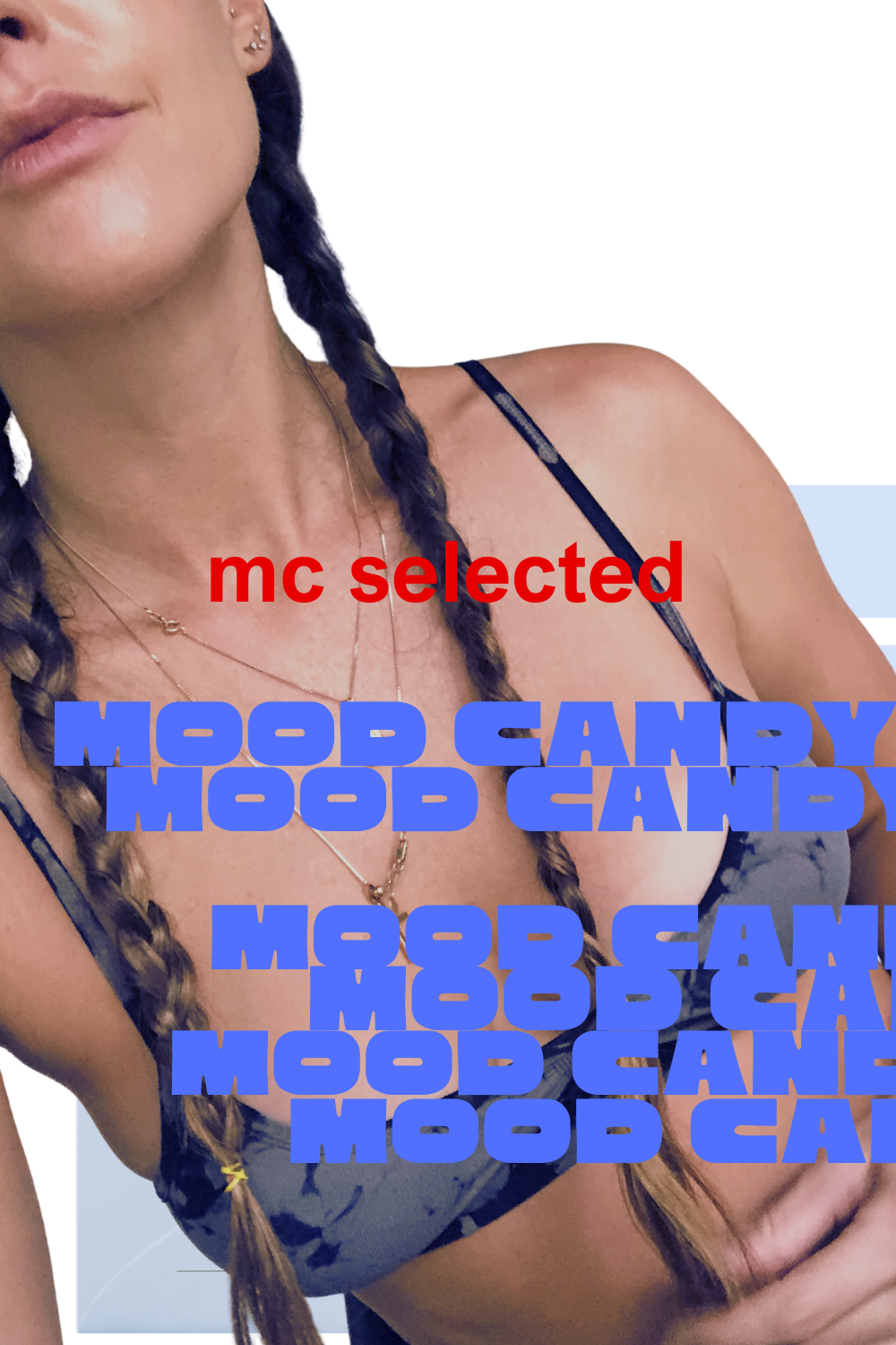 Close-up of a woman with braided hair wearing a black and gray patterned bra, with colorful overlaid text.
