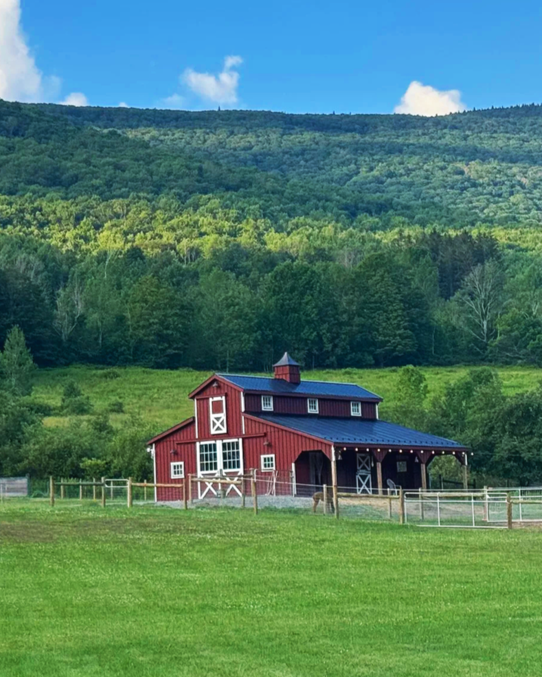 Red barn with white trim surrounded by green pasture and trees, with a forested hillside in the background under a blue sky.