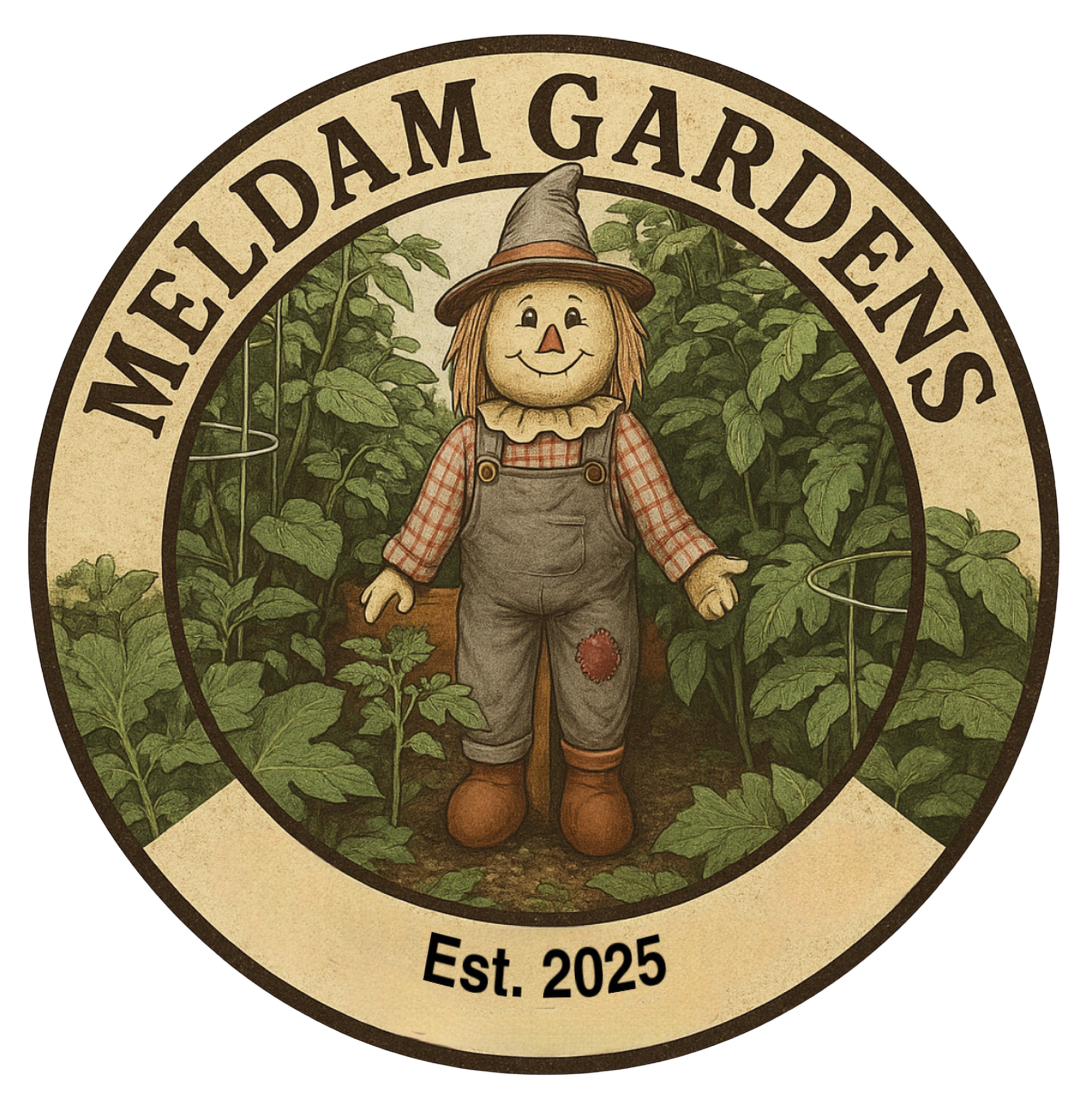 Logo for Melda M GARDENS with a scarecrow in a garden of tomato plants, wearing overalls, plaid shirt, and a witch hat, with 'Est. 2025' text.