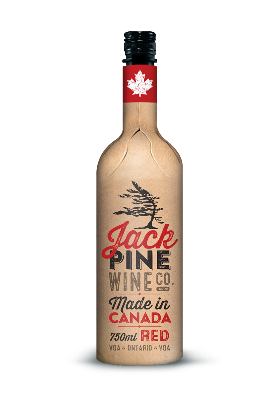 A bottle with a label featuring a tree, a red maple leaf, and text indicating Jack Pine Wine Co., made in Canada, 750ml red wine, with Ontario VQA markings.