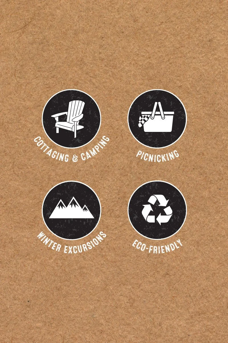 Four icons with text overlay on a brown background. The icons depict outdoor activities and eco-friendly practices: an Adirondack chair for cottaging and camping, a picnic basket for picnicking, mountain peaks for winter excursions, and recycling arrows for eco-friendly.