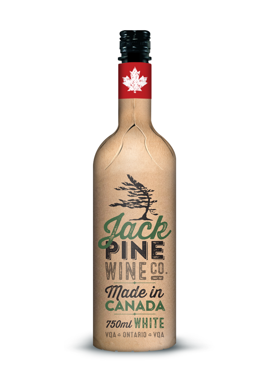 A bottle of Jack Pine Wine, made in Canada, featuring a label with a pine tree custom label design and the Canadian flag design on the cap.