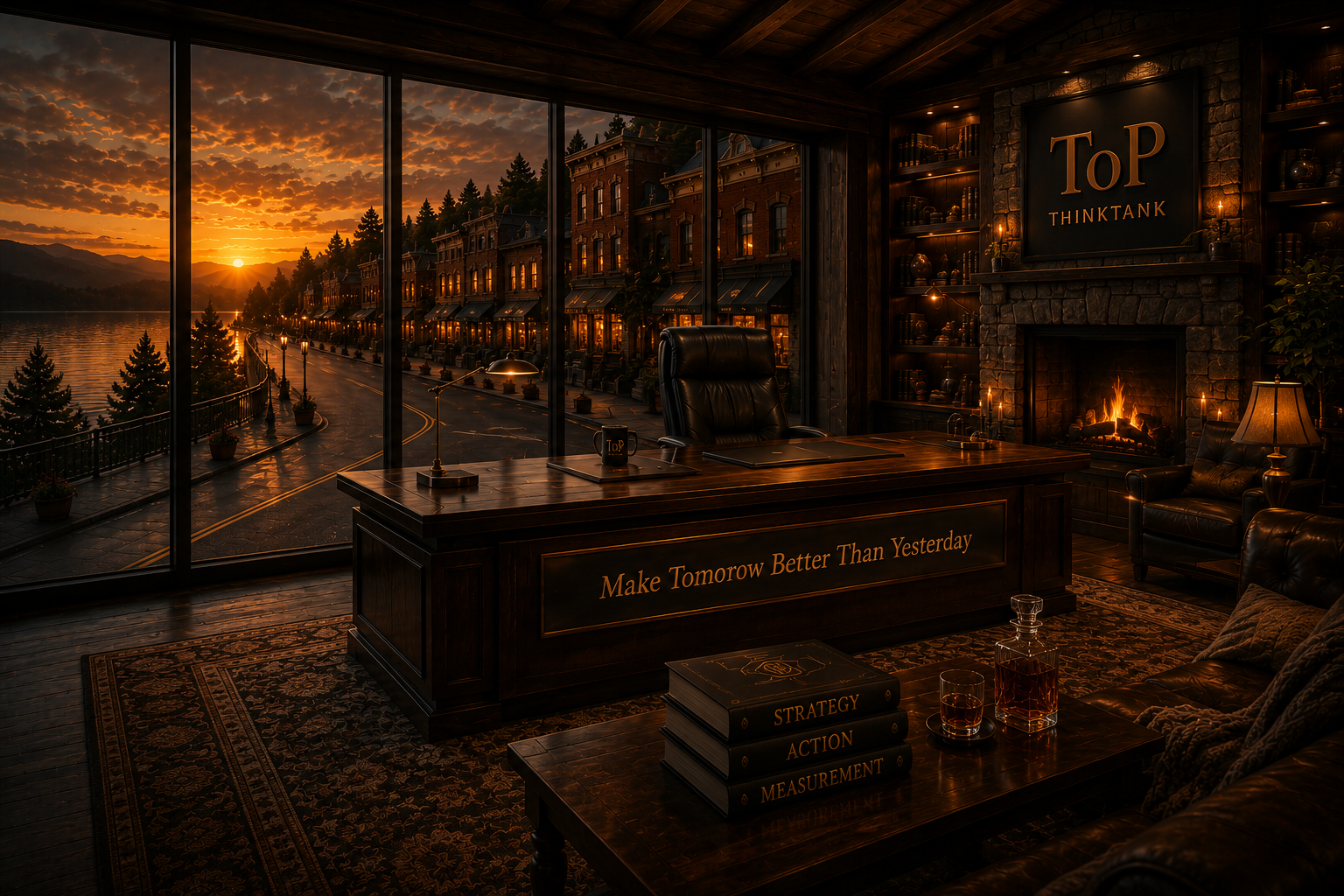 A cozy office with a large window overlooking a sunset by a river and a street lined with townhouses. Inside, there's a wooden desk with a leather chair, a cozy fireplace, books, and warm lighting.