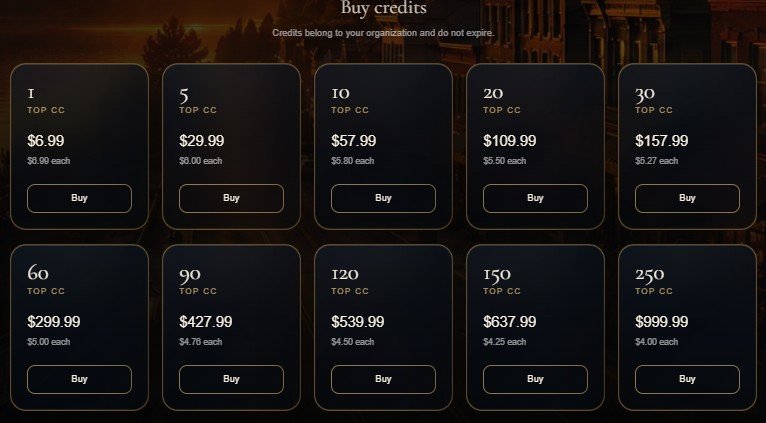 Screenshot of a pricing plan for buying credits, with options for 1, 5, 10, 20, 30, 60, 90, 120, 150, and 250 credits, including prices and a 'Buy' button for each.