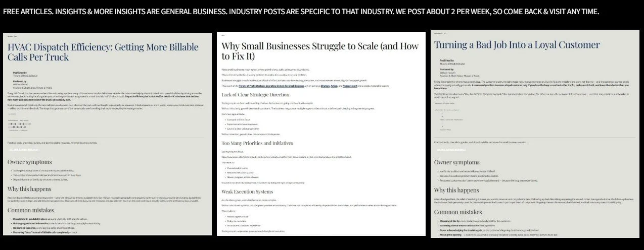 Three articles on industry-related topics, including HVAC dispatch efficiency, small business scaling struggles, and turning a bad job into a loyal customer. Each article has a title, author, and sections on symptoms, reasons, and common mistakes.