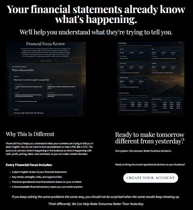 Promotion for financial statement review service with headings about understanding financial statements, what makes this approach different, and readiness for tomorrow's business decisions; includes sample financial review screens and a call-to-action button for creating an account.