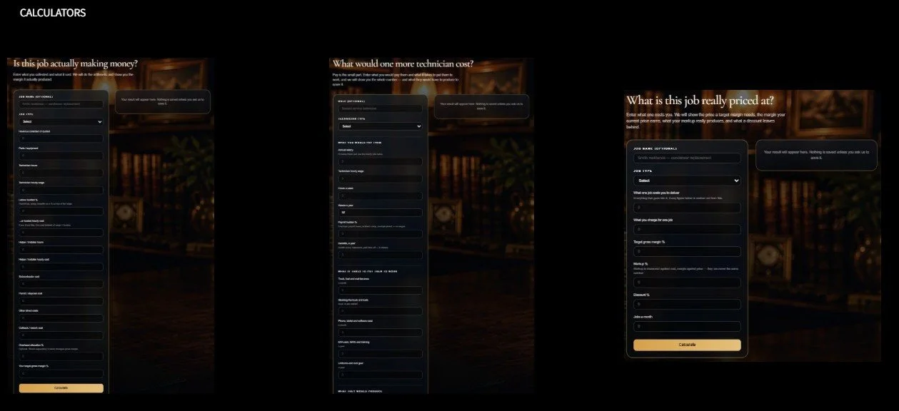 Screenshots of three different calculator interfaces for estimating job costs, including questions about profitability, technician costs, and job pricing.
