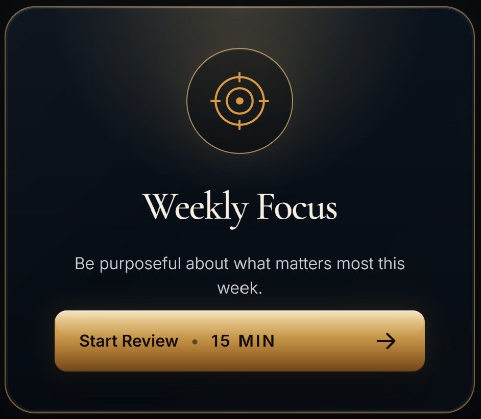 Digital interface screen with a focus icon, titled 'Weekly Focus', with a subtitle encouraging purposeful attention this week, and a button labeled 'Start Review' that lasts 15 minutes.
