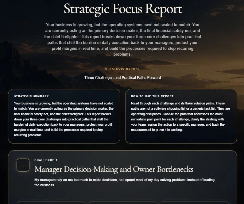 Screenshot of a strategic focus report with a dark mountain landscape background. Contains sections such as 'Strategic Summary', 'How to Use This Report', and 'Challenge 1: Manager Decision-Making and Owner Bottlenecks'.