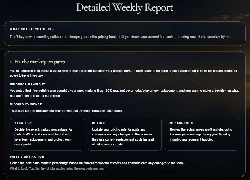 Screenshot of a detailed weekly report titled 'What Not to Chase Yet.' The report provides advice on fixing markup on parts, including sections on evidence, strategy, action, measurement, and first 7 day actions.