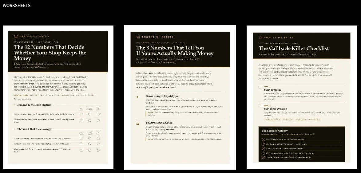 Three worksheets related to HVAC business finances, including profit analysis, making money, and a callback checklist.