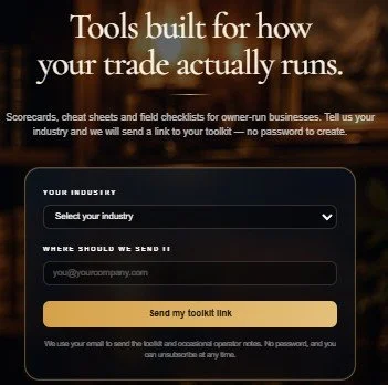 A promotional webpage for tools designed for trade businesses, featuring a heading that says 'Tools built for how your trade actually runs,' and a section with dropdown menus for selecting industry and input fields for email, with a yellow 'Send my toolkit link' button.