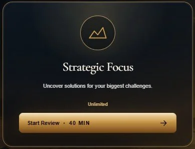 Strategic Focus app screen with a logo, a title, and a "Start Review" button for a 40-minute session.