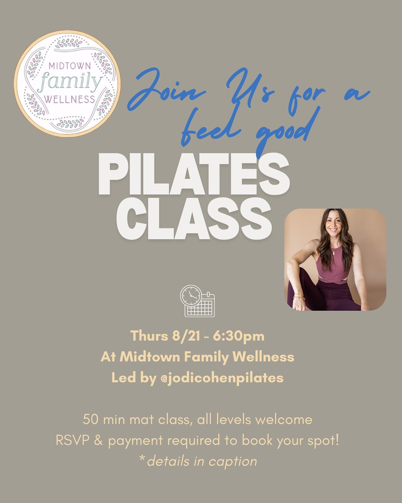 🔔Pilates pop-up alert - this Thursday! Grab a friend and join us for a &ldquo;Feel Good Mat Class&rdquo; @midtownfamilywellness , 8/21 at 6:30pm. This small group session will be a full body workout focusing on strength and stretch. 

$30 pp, ticket