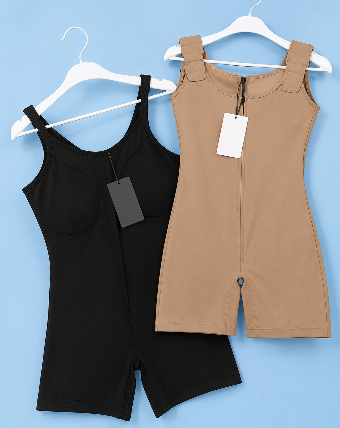 Black and tan compression garments displayed for post-surgical recovery and lymphedema treatment in NYC