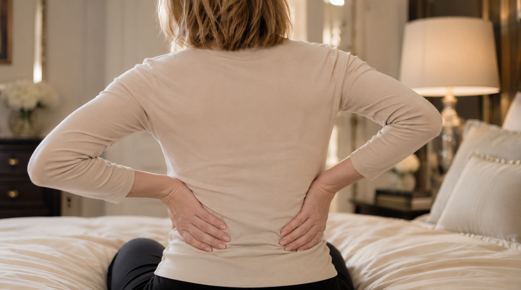 Woman sitting on a bed holding her lower back, representing bone density loss and musculoskeletal pain after breast cancer treatment