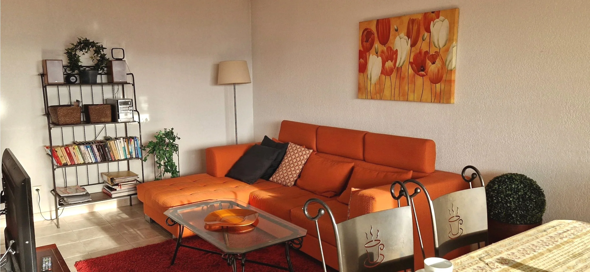 Olohuone, jossa on sohva, kirjahylly, sohvapöytä ja televisio.