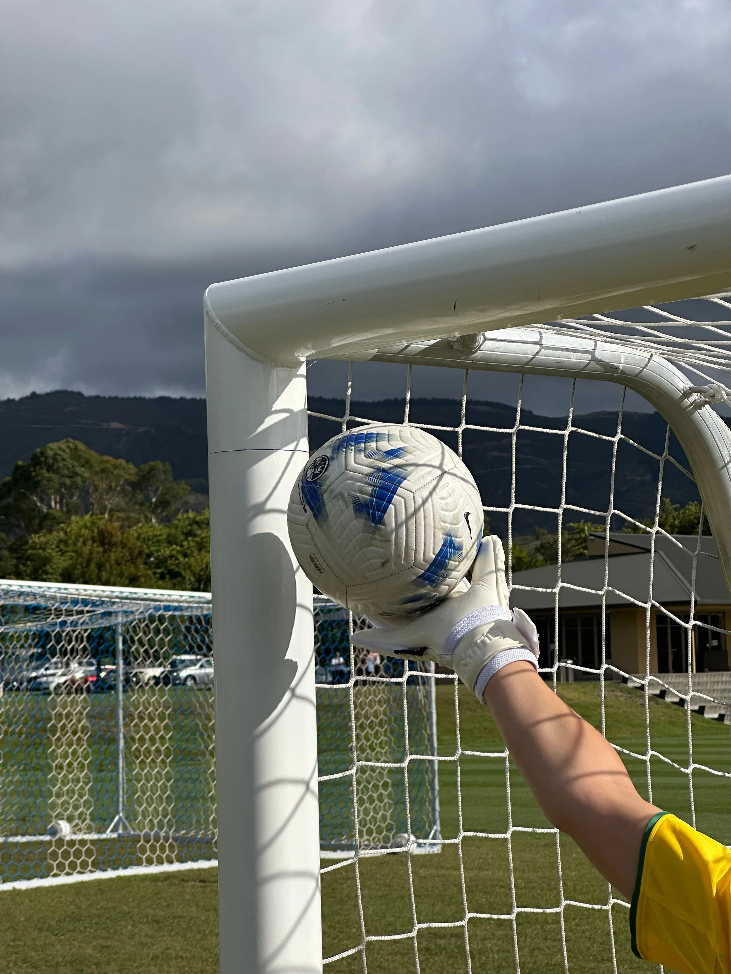 A soccer goalkeeper wearing a yellow jersey and white glove is catching a white soccer ball with blue and black markings in front of a goalpost on a grassy field, with trees, parked cars, and mountains in the background, under cloudy skies.