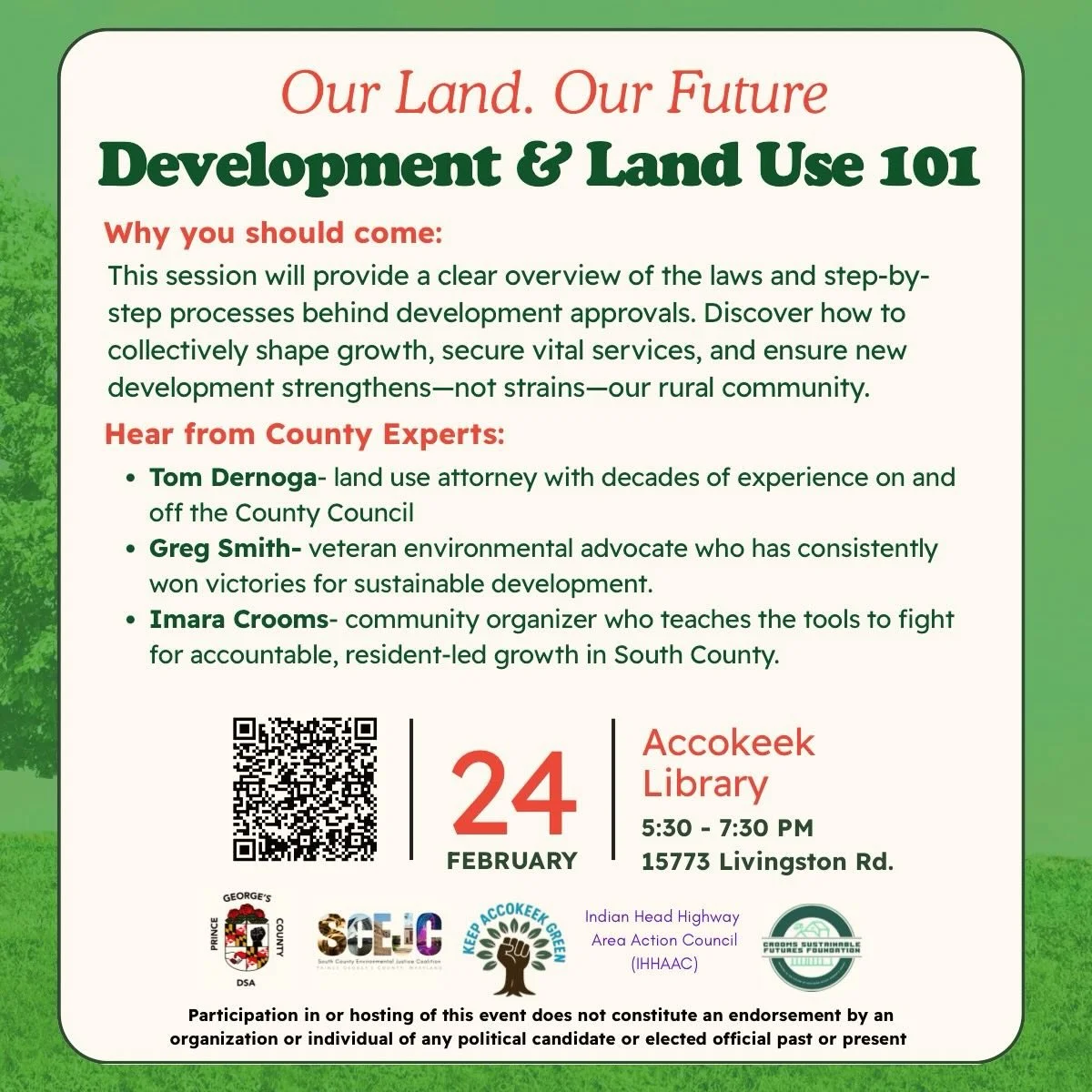 Incredible energy at yesterday&rsquo;s &ldquo;Our Land, Our Future: Development &amp; Land Use 101&rdquo; event! 
Huge thanks to our experts @tomdernogad1 and Greg Smith for sharing their wisdom. Shoutout to co-hosts @keep.accokeek.green @pgcdsa @sce