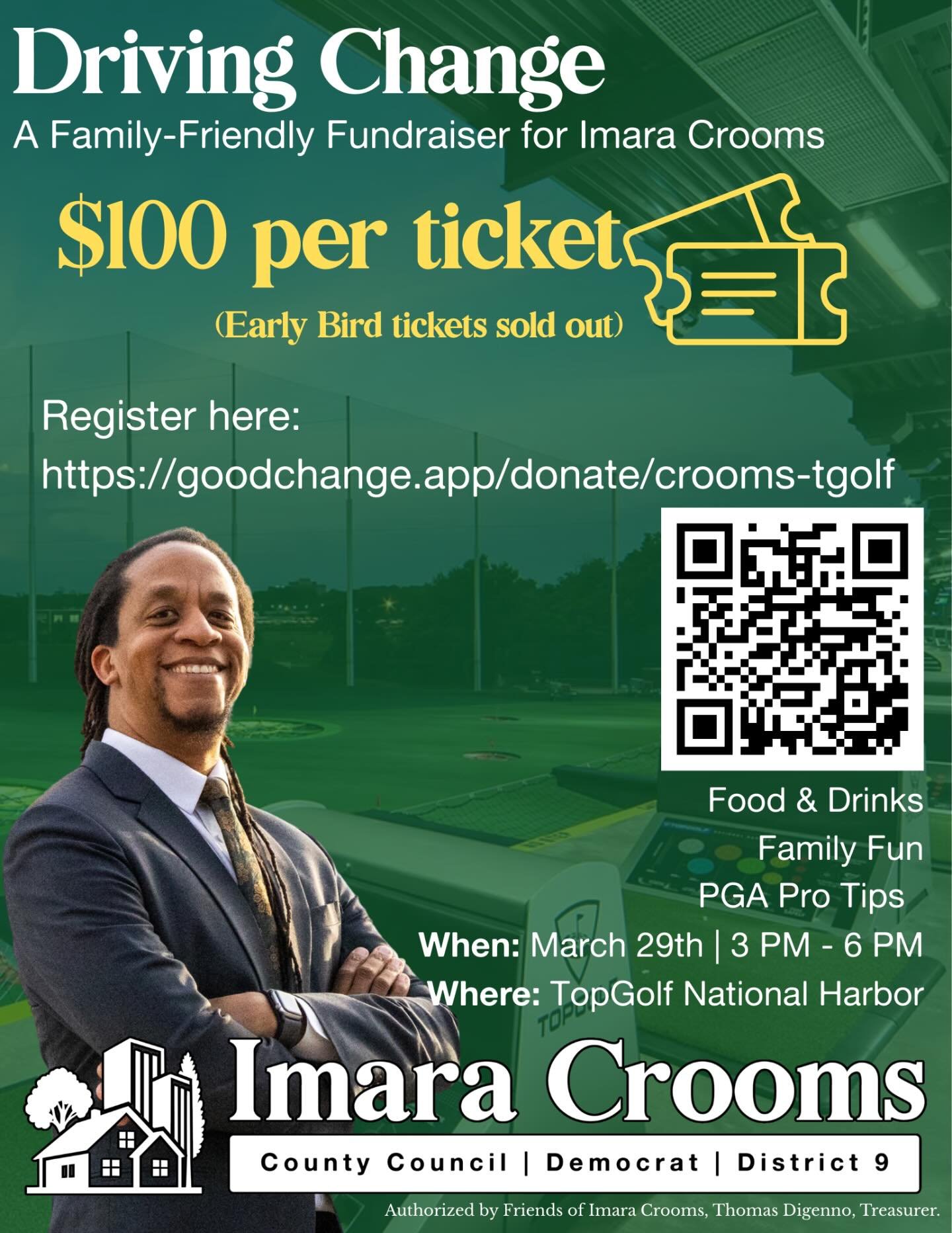 Ready to swing into action for a better District 9? 
Join us for Driving Change on March 29th at Topgolf National Harbor! This is a family-friendly chance to meet the team, talk local politics, and share your vision for our county over some tasty bit