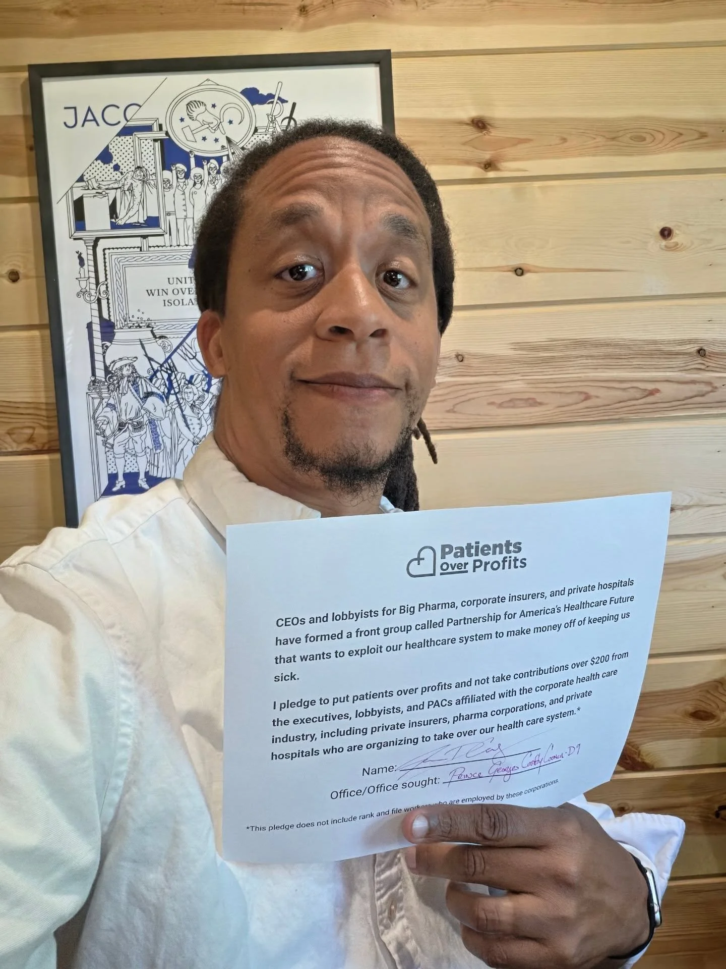 Excited to announce that we've taken the Patients Over Profits pledge! 🏥🩺

​For too long, corporate interests have dictated the cost and quality of our care. Because I&rsquo;m running a people-powered campaign through the Fair Election Fund, I am f