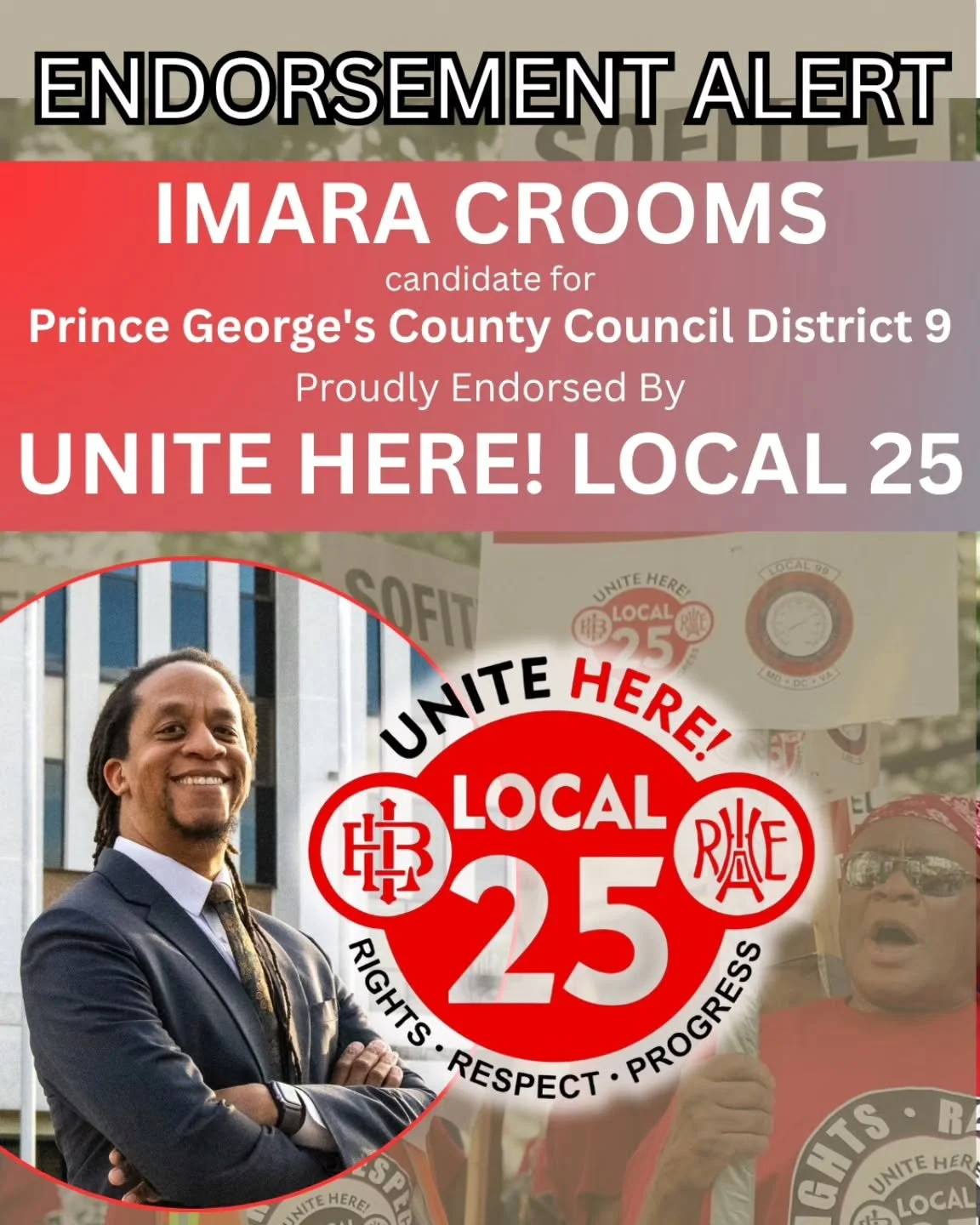 🎟️ Proud to announce that UNITE HERE Local 25 has endorsed our campaign for Prince George's County Council, District 9!

The hospitality workers of Local 25, the people who cook the food, clean the rooms, and keep our hotels and restaurants running,