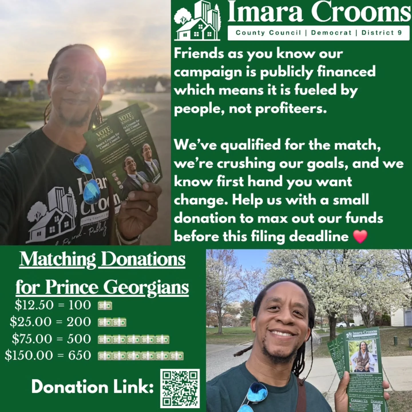 We&rsquo;ve qualified for the Fair Election Fund match.

​Now, we&rsquo;re working to build our May/June reserves and max this match out! Every small donation shows that District 9 is ready for a different kind of politics, one independent of develop